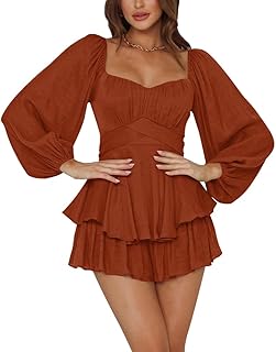 LYANER Women's Lantern Sleeve Ruffle Layer Tie Jumpsuit
