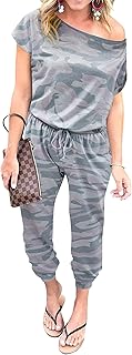 Women's Off Shoulder Romper Jumpsuit with Pockets (Grey Cam