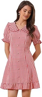 Allegra K Women's Gingham Print Ruffled Trim Puff Sleeve Dress