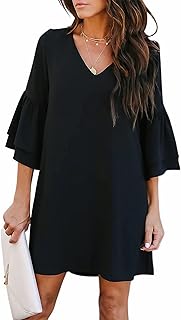 BELONGSCI Women's V-Neck Bell Sleeve Shift Mini Dress