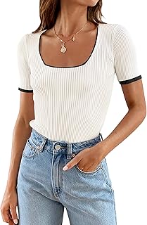 ZESICA Women's Color Block Square Neck T Shirt