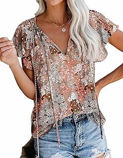 SimpleFun Women's Boho Floral V Neck Summer Blouse